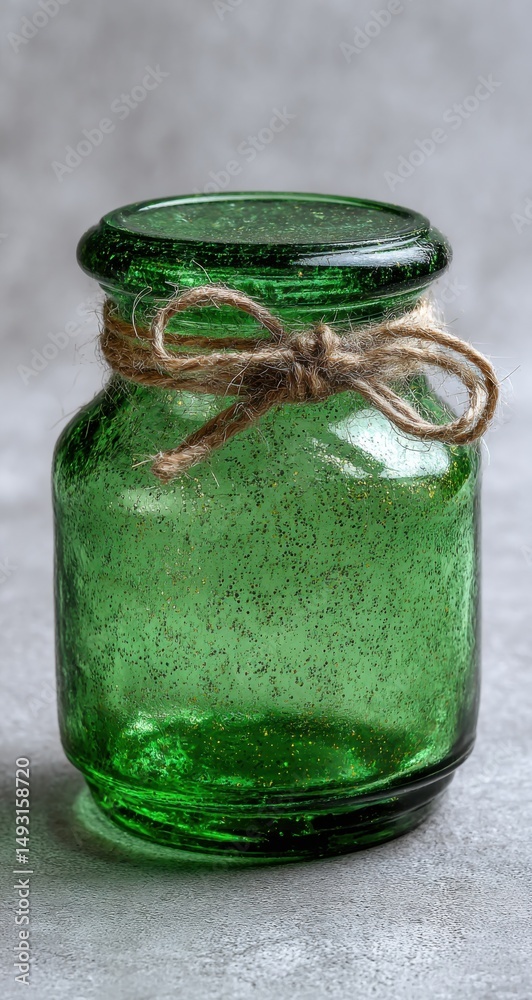 Poster green glass jar with twine bow on gray surface, symbolizing rustic charm and handmade craftsmanship 