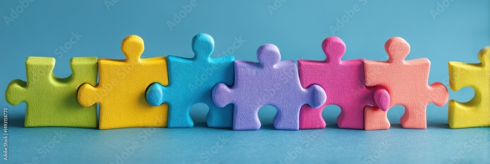 Poster Colorful Puzzle Pieces Connected on Blue Background, Symbolizing Teamwork and Problem Solving for Business Solutions : Generative AI