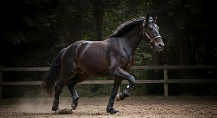black horse,  horse,  equestrian, Black Horse Running in Riding Arena