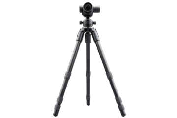 A sturdy black professional camera tripod poised to capture stunning images in any environment on transparent background
