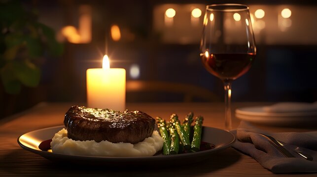 Romantic dinner scene featuring a steak with mashed potatoes and asparagus.