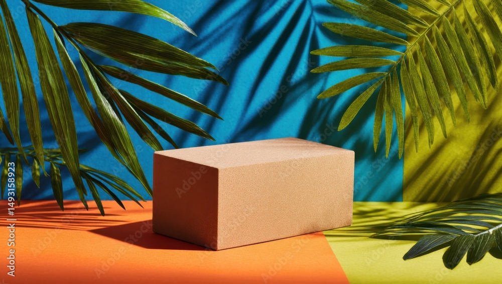Poster geometric podium display with palm leaves against colorful backdrop, ideal for summer product presen