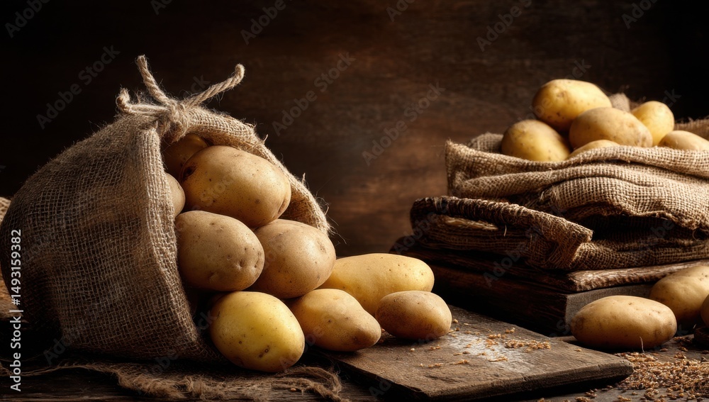 Poster potatoes spilling from burlap sack on wooden table, showcasing rustic charm and farm-to-table freshn