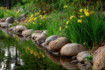 Obraz premium Peaceful Pond With Yellow Iris Flowers and Rocks, Reflecting Tranquility and Natural Beauty for Wellness Retreats and Serene Getaways : Generative AI
