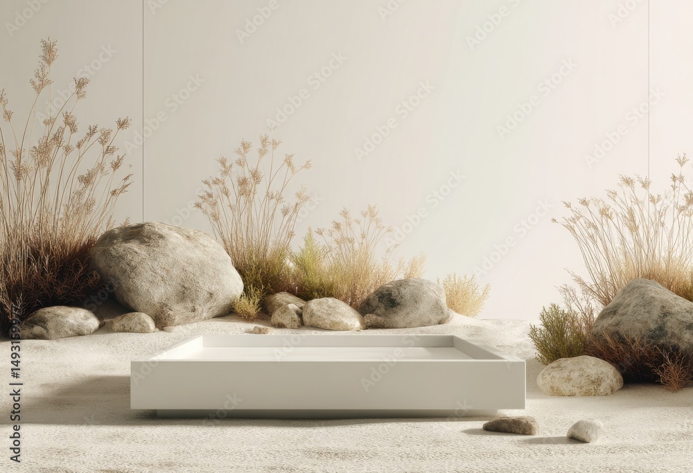 Poster minimalist product display platform with rocks and grass, ideal for natural cosmetics marketing and 