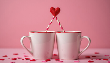 Romantic mugs with heart shaped straws create sweet atmosphere, perfect for celebrating love and connection