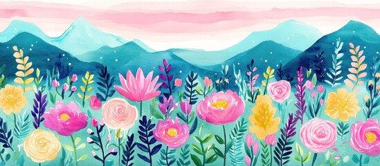 Fototapeta premium Watercolor spring meadow with blooming wildflowers and distant mountain scenery