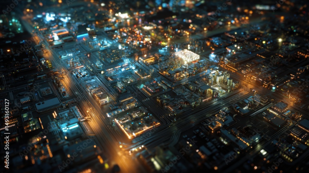 Poster futuristic circuit board cityscape at night, illustrating innovation and technological advancement f