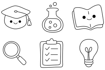 Back to school brings excitement with graduation cap, science flask, happy book, magnifying glass, checklist, and light bulb