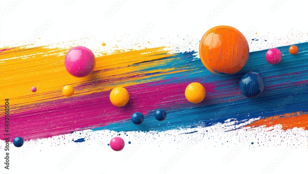 Poster colorful paint strokes with spheres, illustrating creativity and artistic expression for marketing a