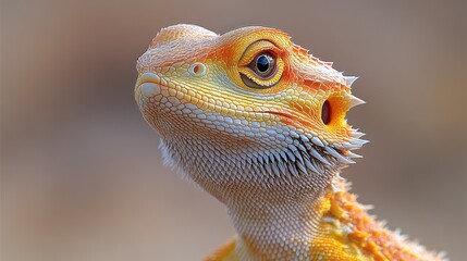Bearded dragon with calm expression on soft, muted desert background in beige and warm yellow.