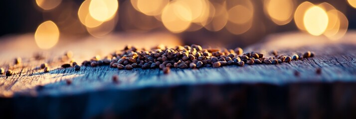 Tiny seeds on wood, glowing with natural vitality, soft focus background. Essence of life and growth in nature's simplicity.