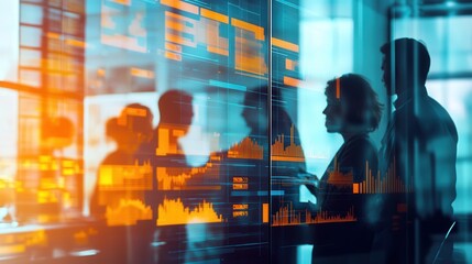 productive meeting unfolds as a group reviews a project plan. Charts and sticky notes on the wall add visual interest and context to the team discussion