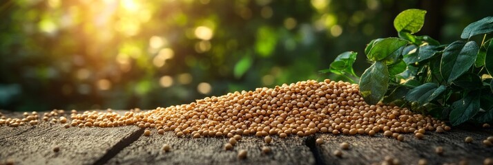 Tiny seeds on wood, glowing with natural vitality, soft focus background. Essence of life and growth in nature's simplicity.