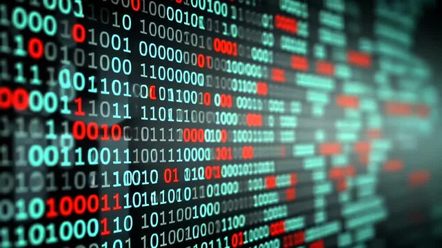 Binary data stream Numbers cascade in blue & red, conveying data processing and digital information flow - Powered by Adobe