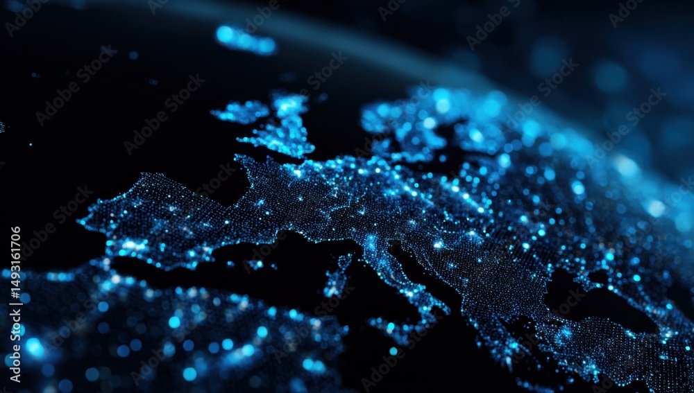 Poster europe continent made of glowing dots, representing digital transformation and global technology net
