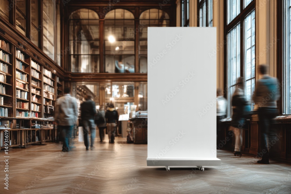 Poster blank roll-up banner in a library setting, ideal for advertising and educational promotion, offering