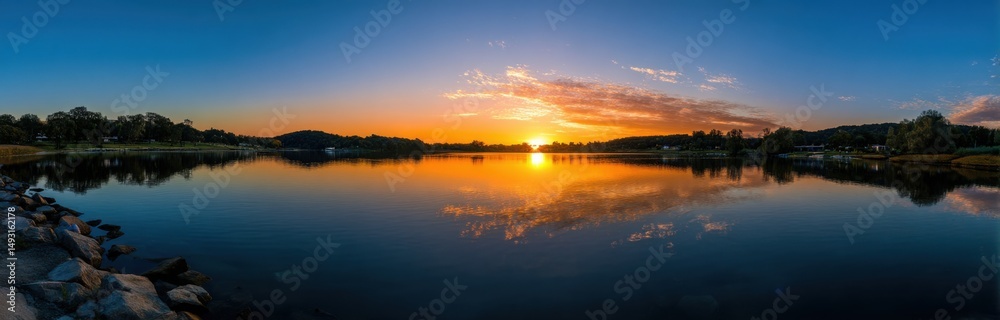 Poster panoramic view of lake at sunset with reflections, representing tranquility and environmental conser
