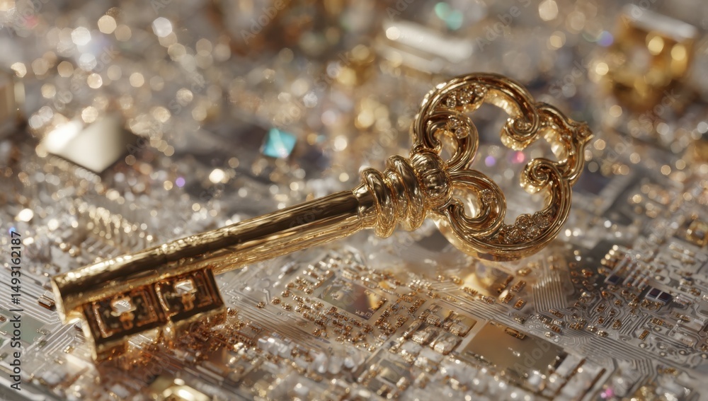 Poster Ornate Golden Key Resting on a Circuit Board, Symbolizing Cybersecurity and Blockchain Technology Solutions, Representing Innovation and Digital Transformation : Generative AI