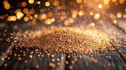 Tiny seeds on wood, glowing with natural vitality, soft focus background. Essence of life and growth in nature's simplicity.