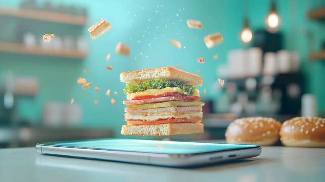 Digital Food Ordering Concept with Sandwich Hovering Over Phone