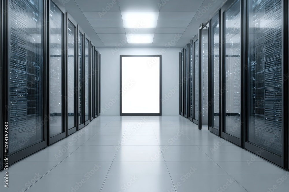 Poster Server Room Corridor With Blank White Frame, Representing Data Storage, Cloud Computing and Digital Transformation : Generative AI