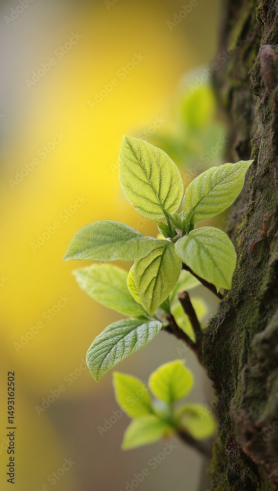 Aufkleber new spring leaves emerging on tree branch against yellow backdrop, representing growth and environme