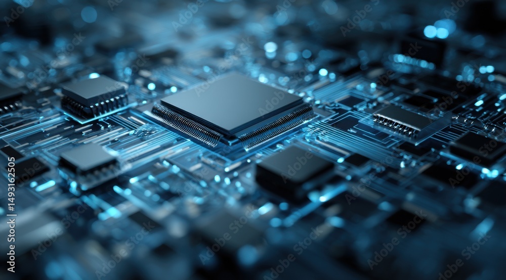 Fototapete Macro View of a Blue Lit Computer Chip, Representing Technological Advancement and Digital Transformation in the Modern Era : Generative AI