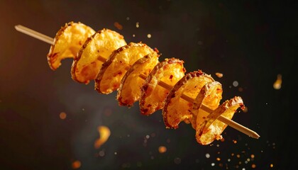 Golden, spiral shaped tornado potato, highlighting its crispy texture and savory taste.
