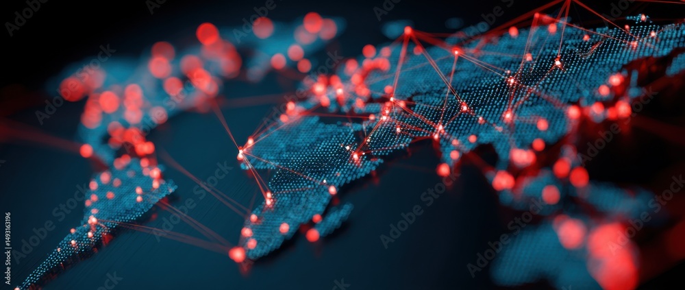 Poster global network connecting continents with red lines, representing international business and worldwi