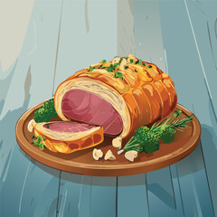 Perfectly cooked Beef Wellington sliced open, showing juicy medium-rare beef wrapped in golden puff pastry with mushroom duxelles, served on elegant plating with warm, natural lighting.