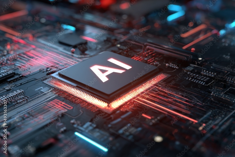 Poster Close-Up of AI Chip on Circuit Board, Representing Technological Advancement and Digital Transformation in the Age of Automation : Generative AI