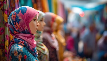 Obraz premium Mannequins Wearing Colorful Hijabs Displayed in a Row, Showcasing Cultural Diversity and Fashion Trends for Retail Marketing : Generative AI