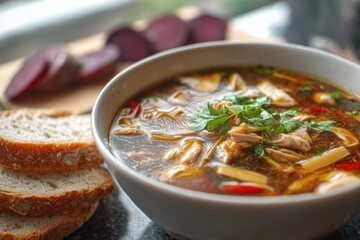 Bowl of Chicken Soup With Bread and Beets, Representing Comfort Food and Healthy Eating Habits for a Wellness Blog or Recipe Website : Generative AI