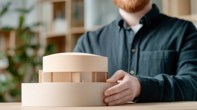 Young Architect Presenting Architectural Model in Modern Workspace to Showcase Design Concepts and Creativity