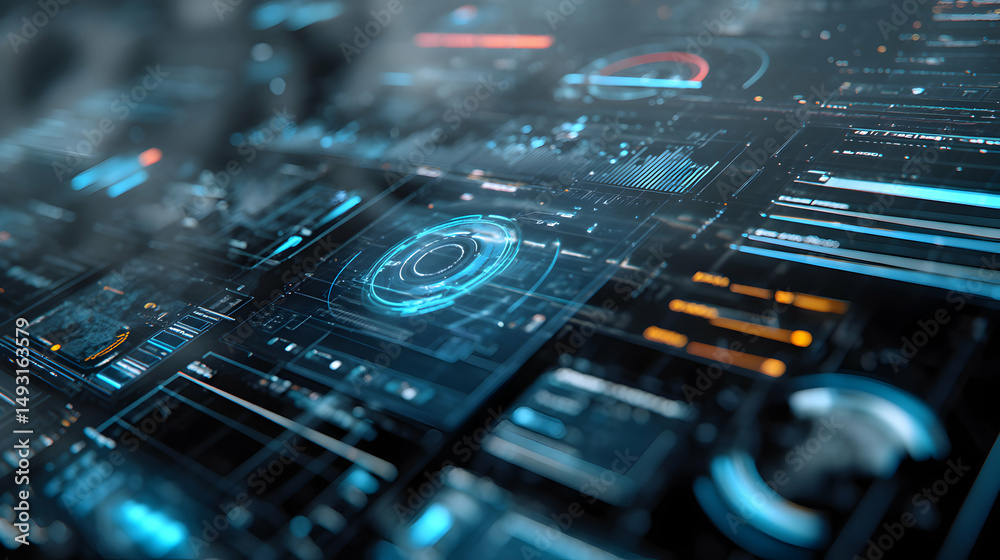 Poster futuristic user interface design with glowing elements conveys advanced technological concept