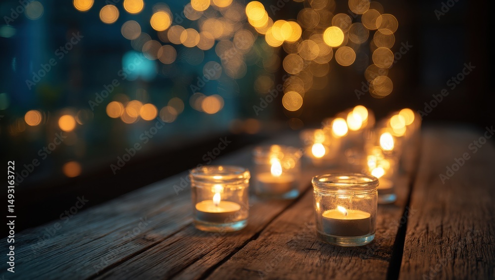 Aufkleber candles glowing on rustic wood table at night, symbolizing intimacy and quiet reflection for home de