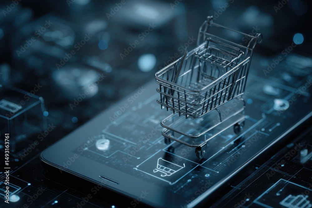 Poster Miniature Shopping Cart on Tablet Displaying Circuitry, Representing E-Commerce and Digital Disruption in Retail : Generative AI