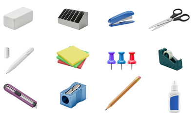 Lead pencil, Sharpener , Eraser, sticky notes, paperclip, stapler, push pin, tape dispenser, correction fluid, scissors, clip, stapler, pin, tape, eraser, Paper cutter, Gum stick , Chit notes. PNG