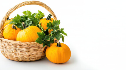 Woven basket filled with vibrant yellow pumpkins and green leaves creates warm, autumnal atmosphere
