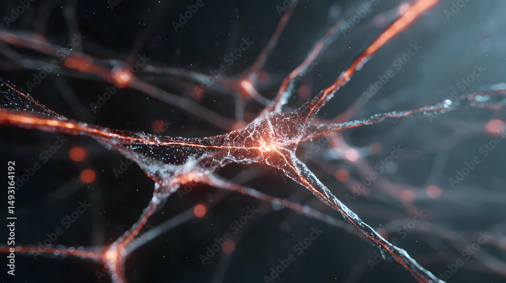 Poster a detailed render of neural networks depicting brain activity with red nodes and connections