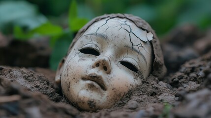 Broken Doll Face Emerging from Soil Surrounded by Greenery in a Mysterious Outdoor Setting