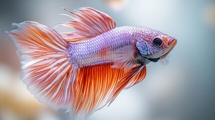 Beautiful betta fish with rich purple and red fins flowing elegantly on cream background.