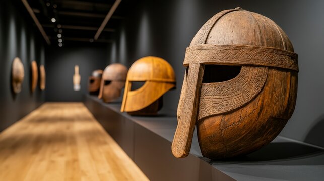 Viking Themed Educational Exhibit Showcasing Authentic Helmets in a Museum Setting