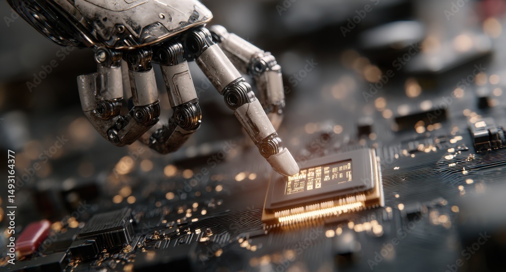 Aufkleber Robotic Hand Touching Computer Chip on Motherboard, Representing Artificial Intelligence and Technological Advancement in Digital Transformation : Generative AI