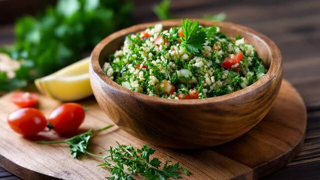 Fresh tabbouleh salad with parsley and tomato in wooden bowl on cutting board