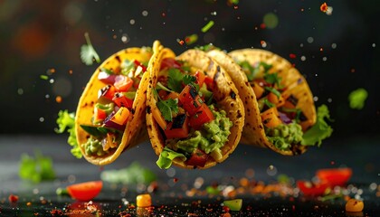 Colorful tacos with grilled veggies and guacamole offer a delicious, joyful treat.