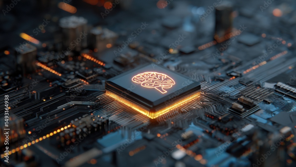 Aufkleber Glowing Brain Symbol on Microchip, Representing Artificial Intelligence and Technological Advancement for Digital Transformation and Innovation : Generative AI