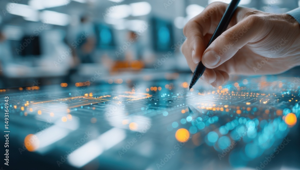 Poster Hand Drawing on Digital Circuit Board Display, Representing Innovation and Technological Advancement in Engineering and Software Development : Generative AI
