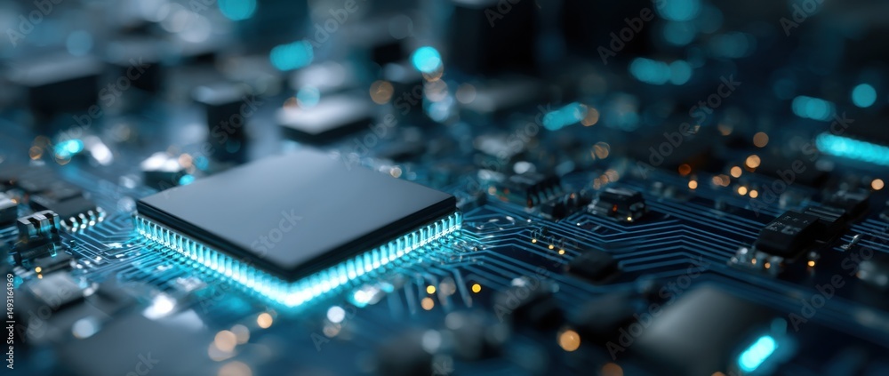 Leinwandbilder close-up of glowing cpu chip on motherboard, illustrating technological advancement and digital tran